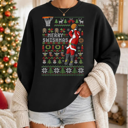 Merry Swishmas Ugly Christmas Basketball Christmas Sweatshirt