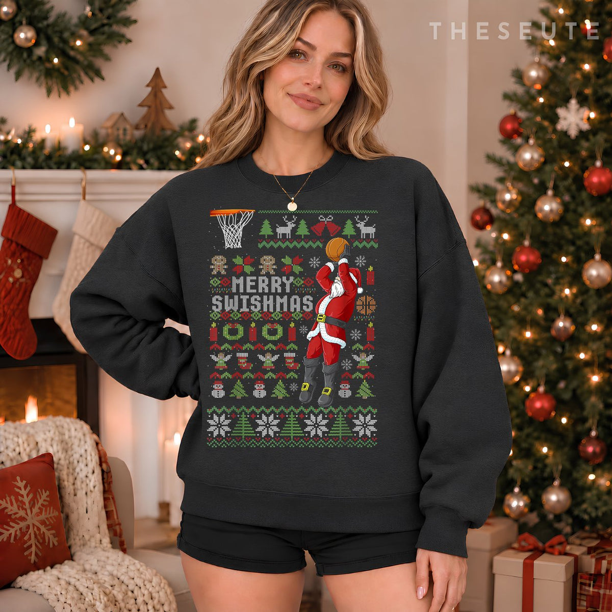 Merry Swishmas Ugly Christmas Basketball Christmas Sweatshirt