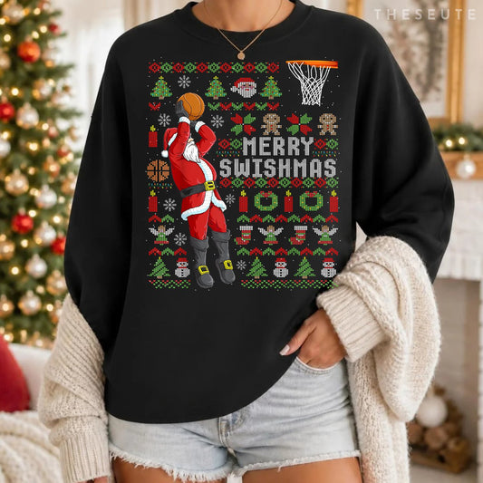 Merry Swishmas Ugly Christmas Basketball Christmas Gift Sweatshirt