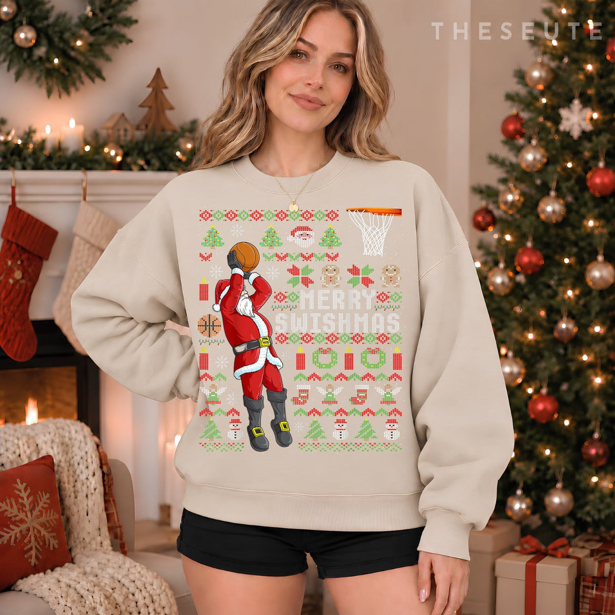 Merry Swishmas Ugly Christmas Basketball Christmas Gift Sweatshirt