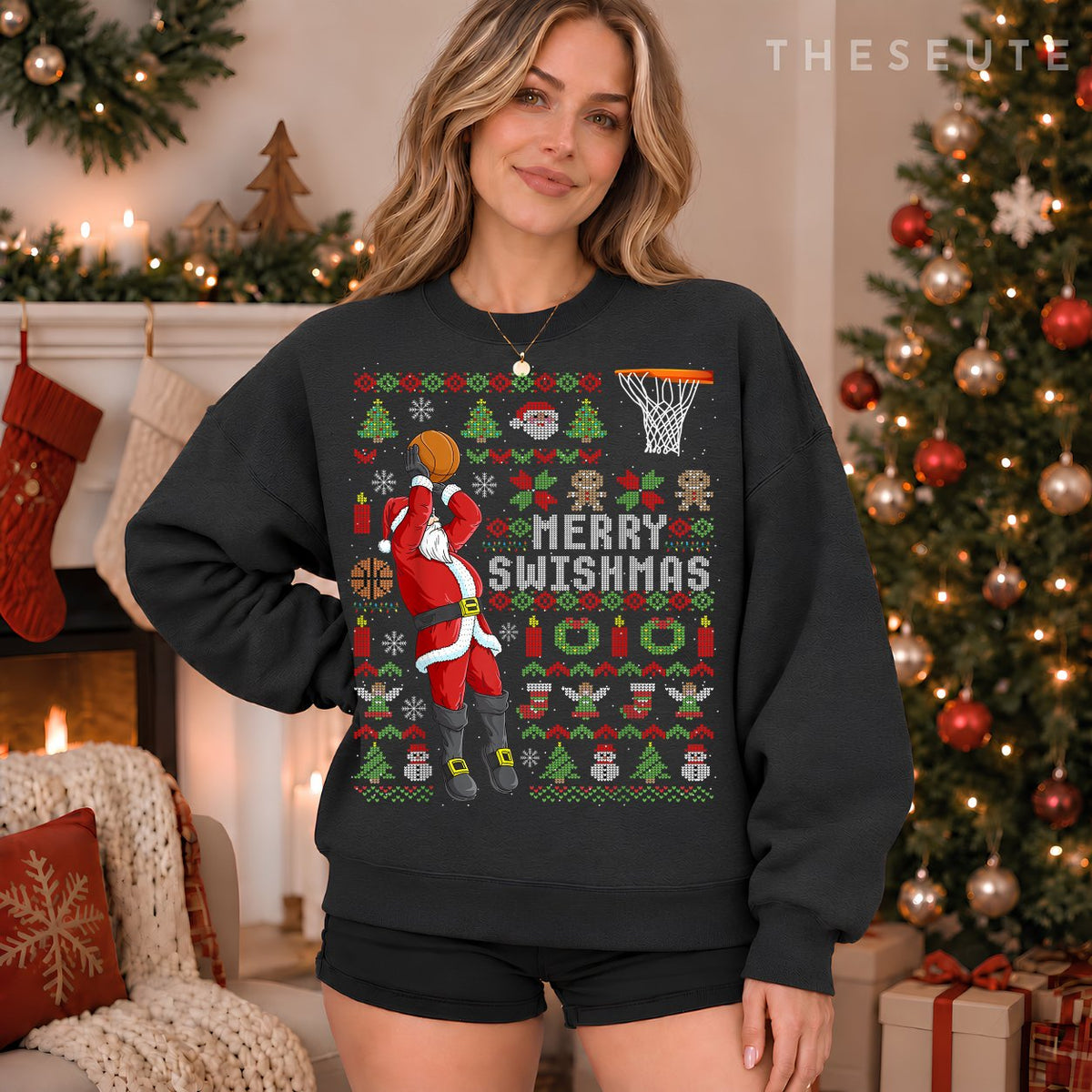 Merry Swishmas Ugly Christmas Basketball Christmas Gift Sweatshirt