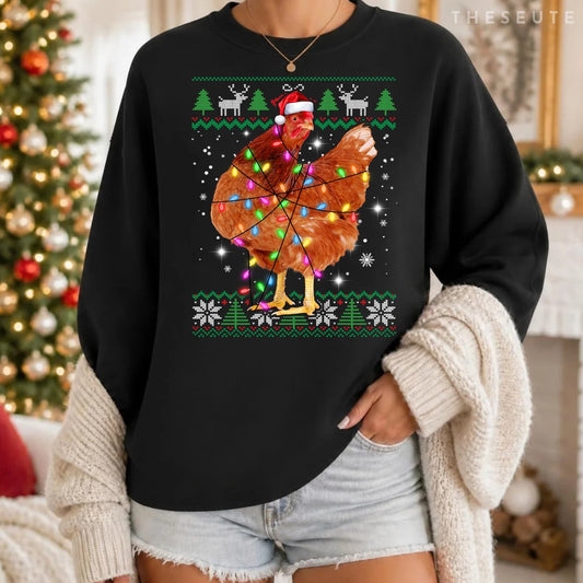 Ugly Christmas Chicken Santa Hat Lights Sweatshirt Xmas Gift Sweatshirt