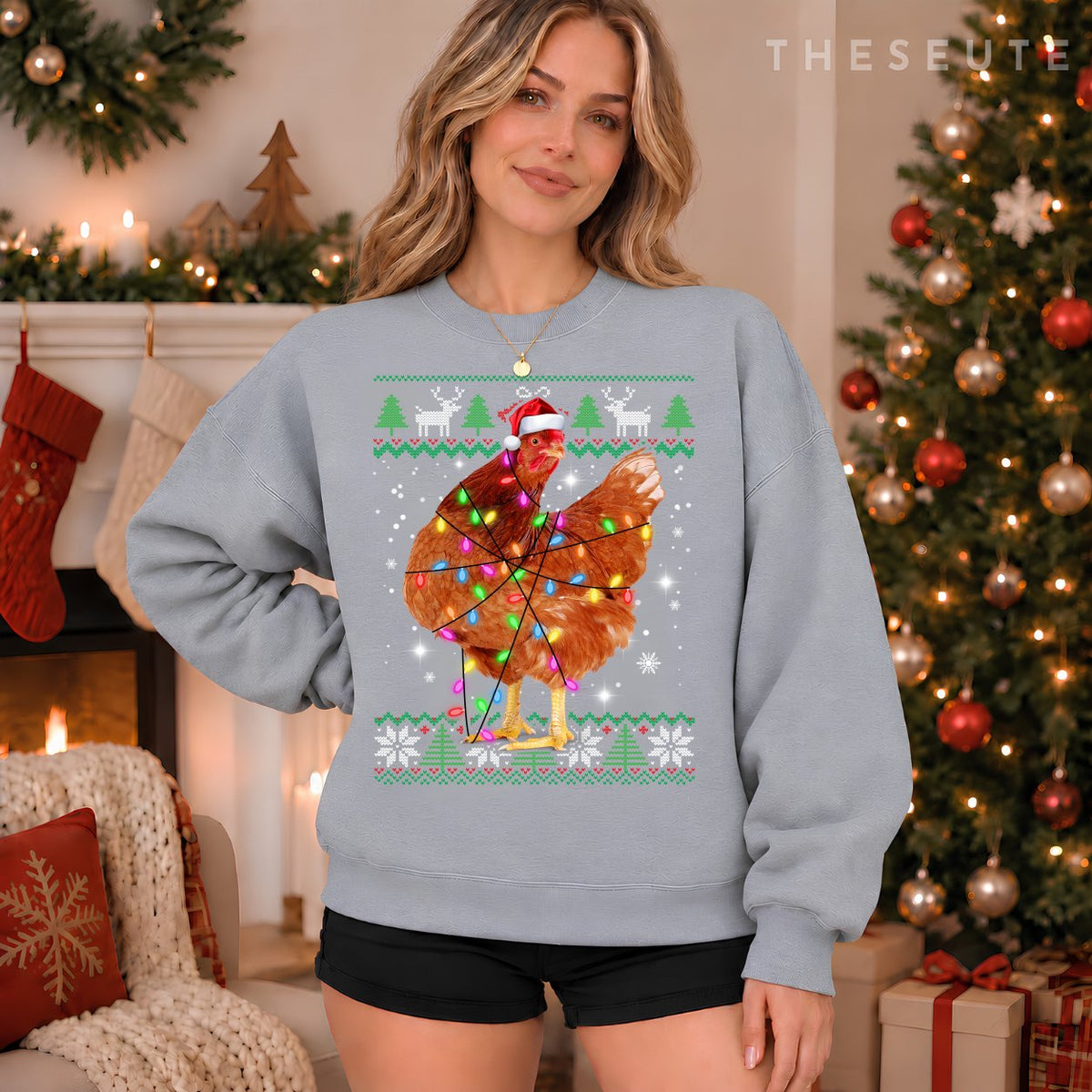 Ugly Christmas Chicken Santa Hat Lights Sweatshirt Xmas Gift Sweatshirt
