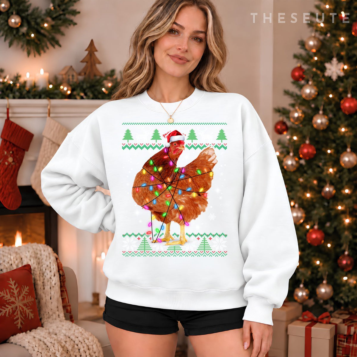 Ugly Christmas Chicken Santa Hat Lights Sweatshirt Xmas Gift Sweatshirt