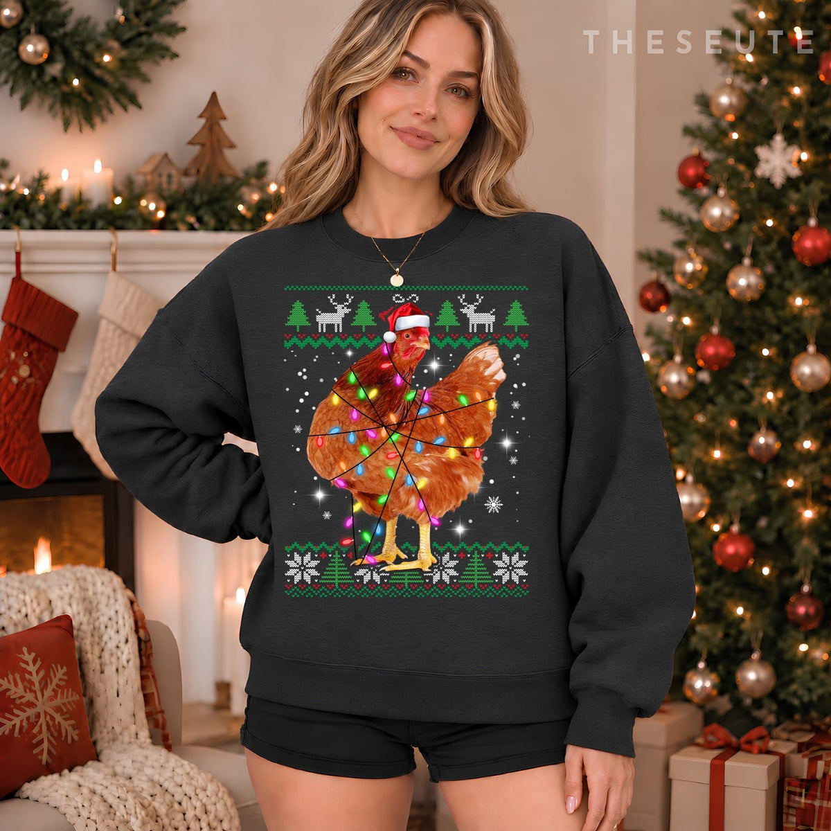 Ugly Christmas Chicken Santa Hat Lights Sweatshirt Xmas Gift Sweatshirt