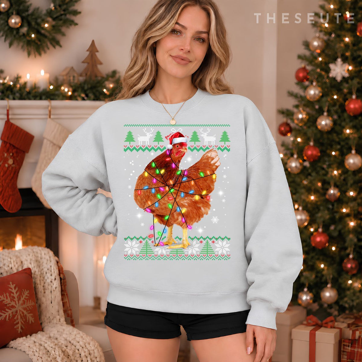 Ugly Christmas Chicken Santa Hat Lights Sweatshirt Xmas Gift Sweatshirt