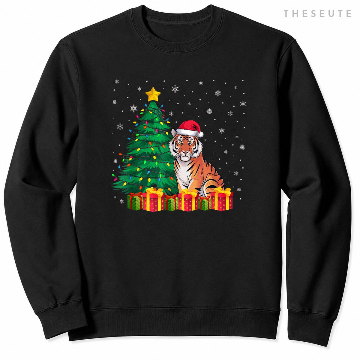 Ugly Bengal Tiger Santa Hat Christmas Tree Lights Pajama Sweatshirt