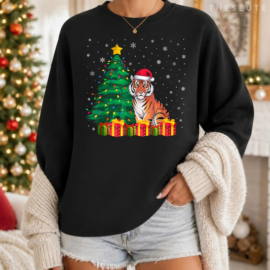 Ugly Bengal Tiger Santa Hat Christmas Tree Lights Pajama Sweatshirt