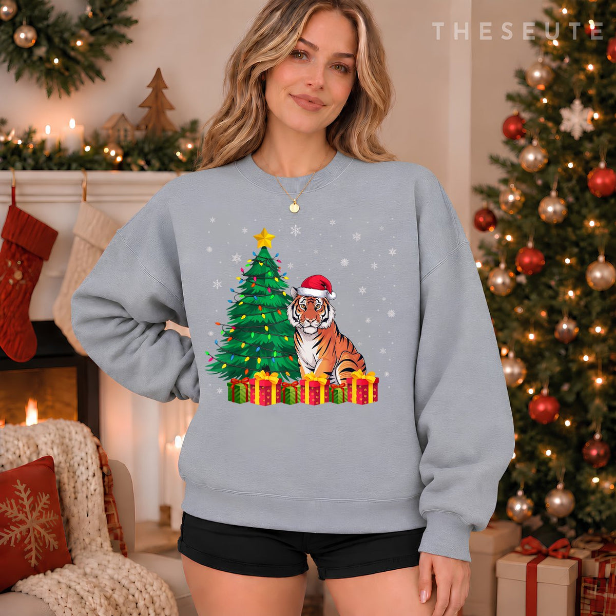 Ugly Bengal Tiger Santa Hat Christmas Tree Lights Pajama Sweatshirt
