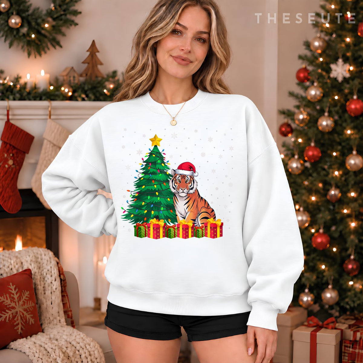 Ugly Bengal Tiger Santa Hat Christmas Tree Lights Pajama Sweatshirt
