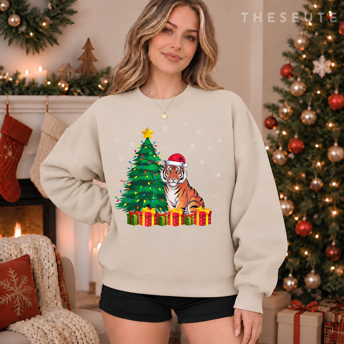 Ugly Bengal Tiger Santa Hat Christmas Tree Lights Pajama Sweatshirt