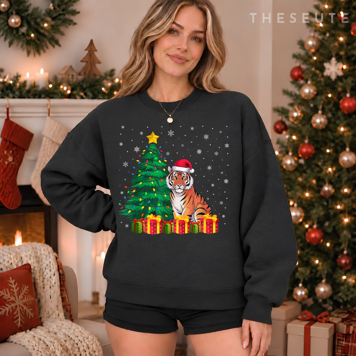 Ugly Bengal Tiger Santa Hat Christmas Tree Lights Pajama Sweatshirt
