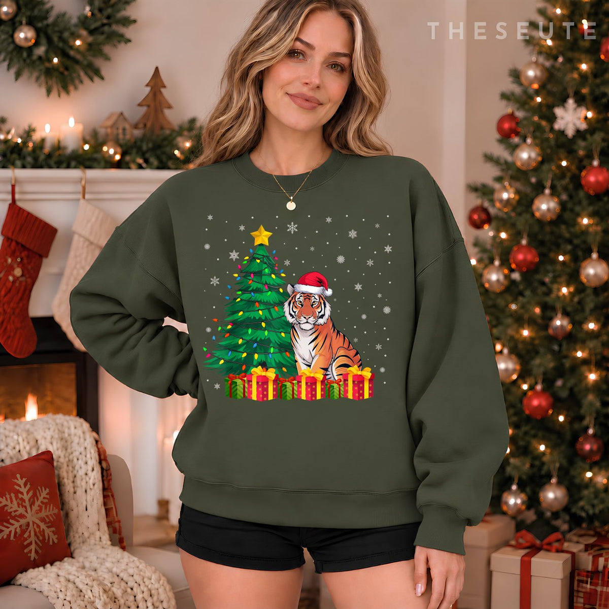 Ugly Bengal Tiger Santa Hat Christmas Tree Lights Pajama Sweatshirt