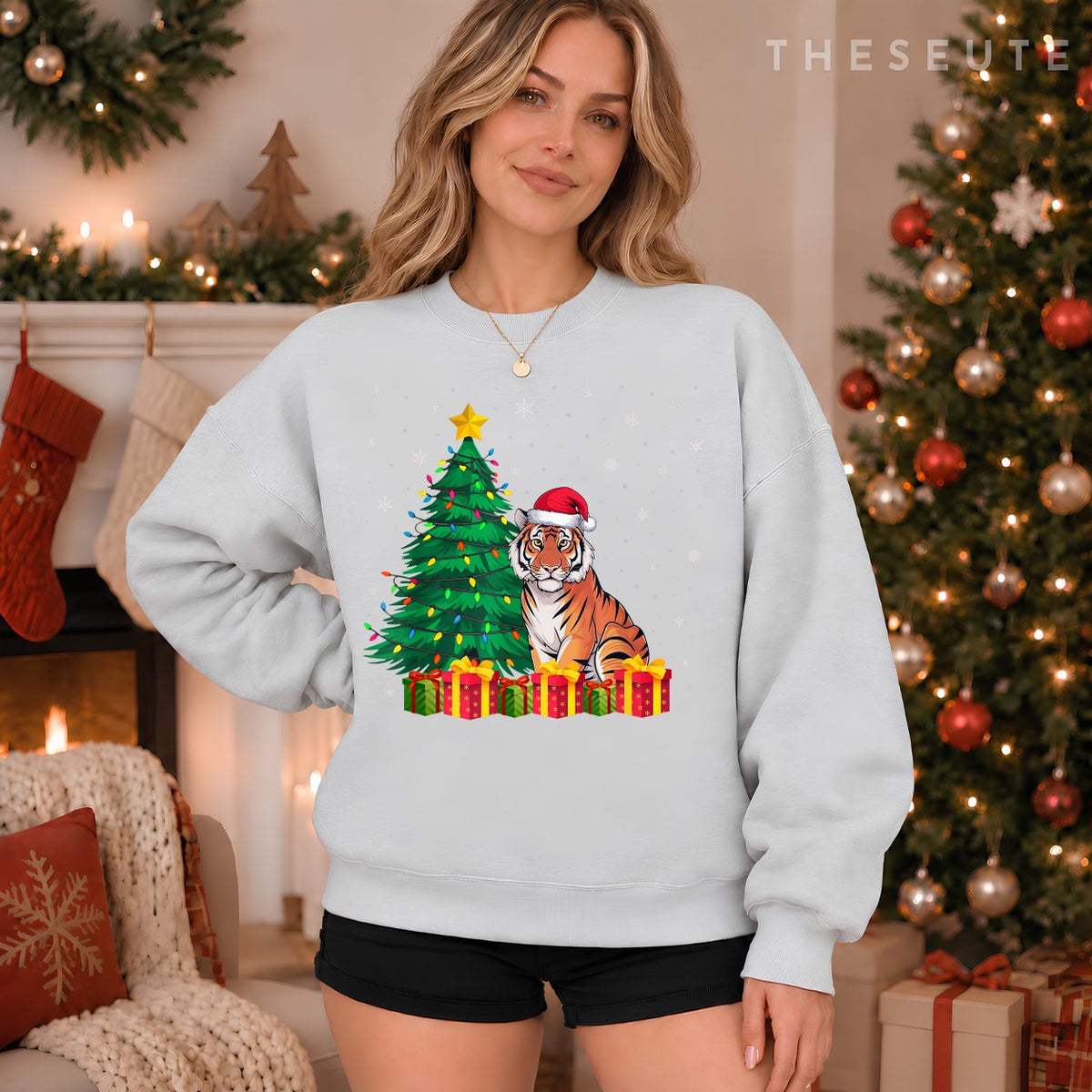 Ugly Bengal Tiger Santa Hat Christmas Tree Lights Pajama Sweatshirt