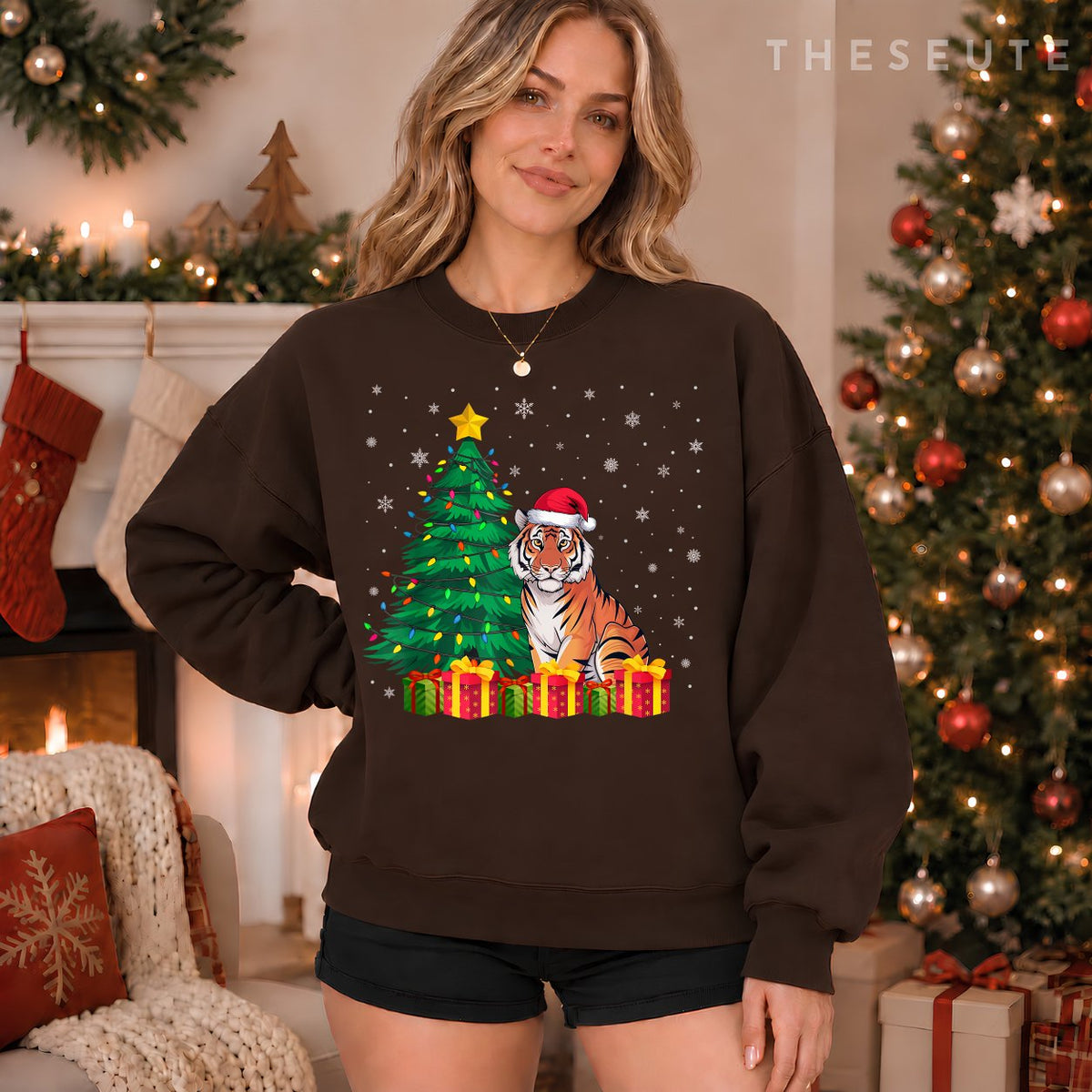 Ugly Bengal Tiger Santa Hat Christmas Tree Lights Pajama Sweatshirt