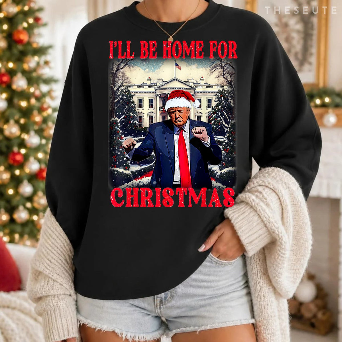 Dancing Funny Humorous Trump I’ll Be Home For Christmas 2025 Sweatshirt