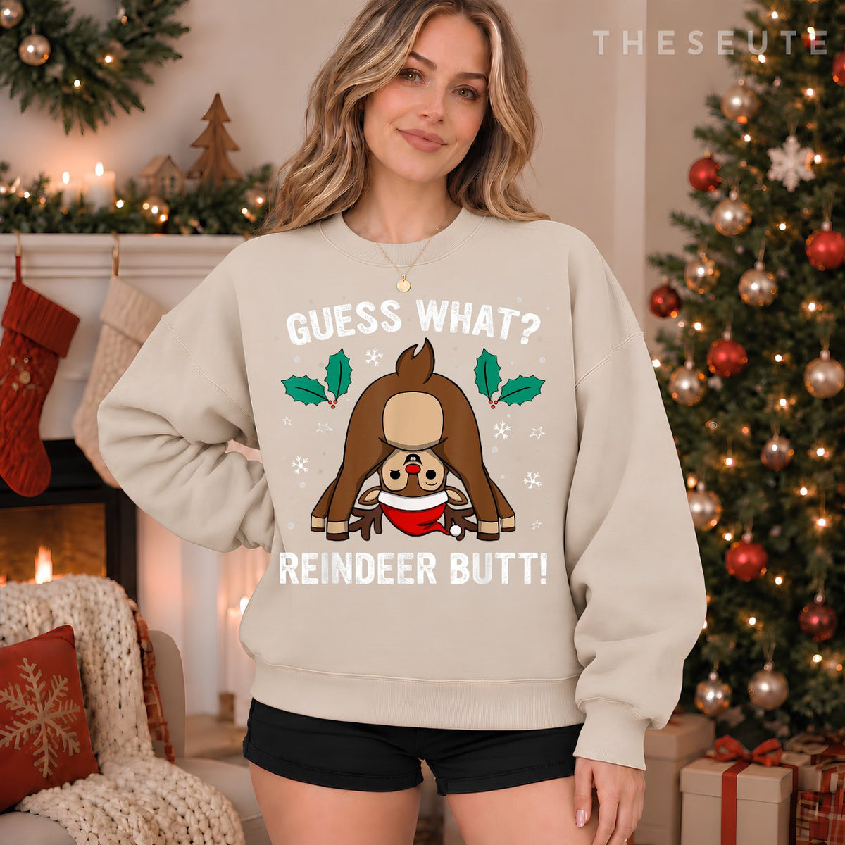 Guess What Reindeer Butt Mens & Boys Funny Ugly Christmas Sweatshirt