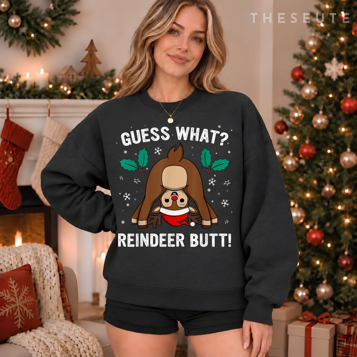 Guess What Reindeer Butt Mens & Boys Funny Ugly Christmas Sweatshirt