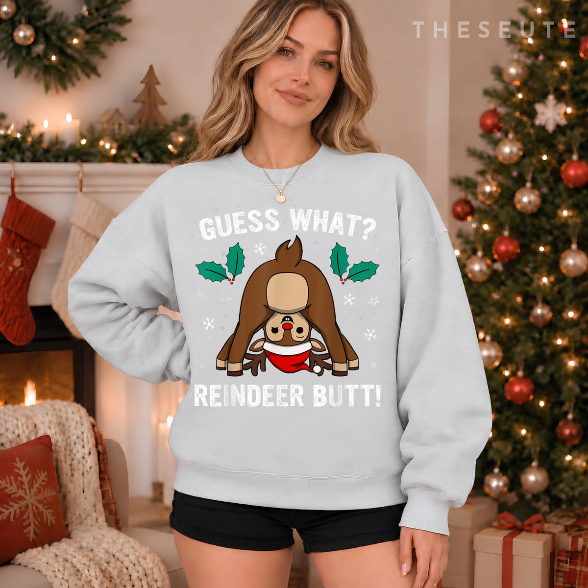Guess What Reindeer Butt Mens & Boys Funny Ugly Christmas Sweatshirt