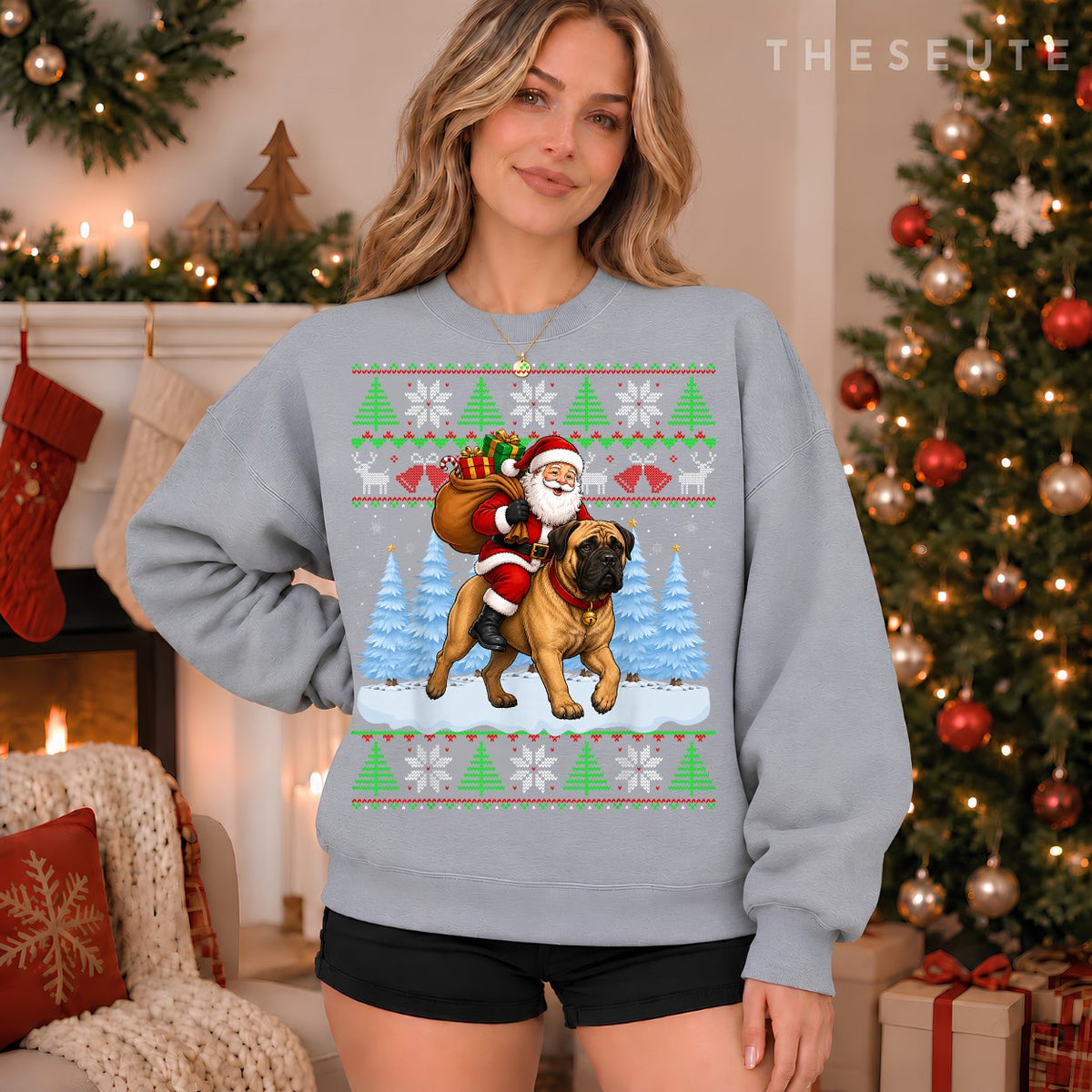 Ugly Xmas Funny Santa Riding Bullmastiff Dog Christmas Sweatshirt