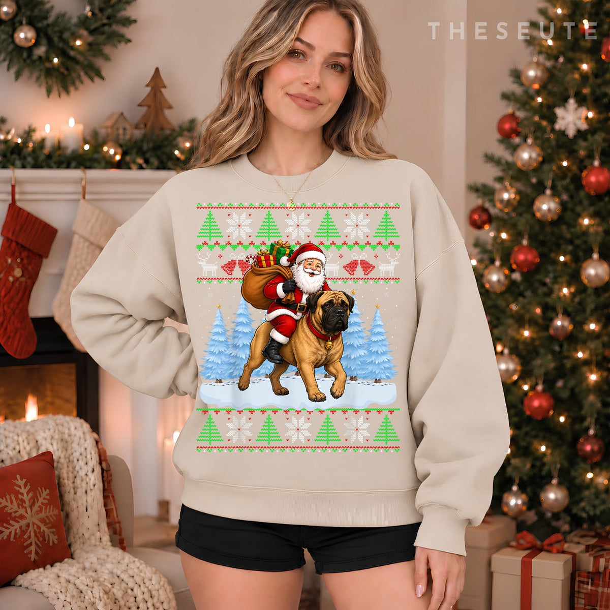 Ugly Xmas Funny Santa Riding Bullmastiff Dog Christmas Sweatshirt
