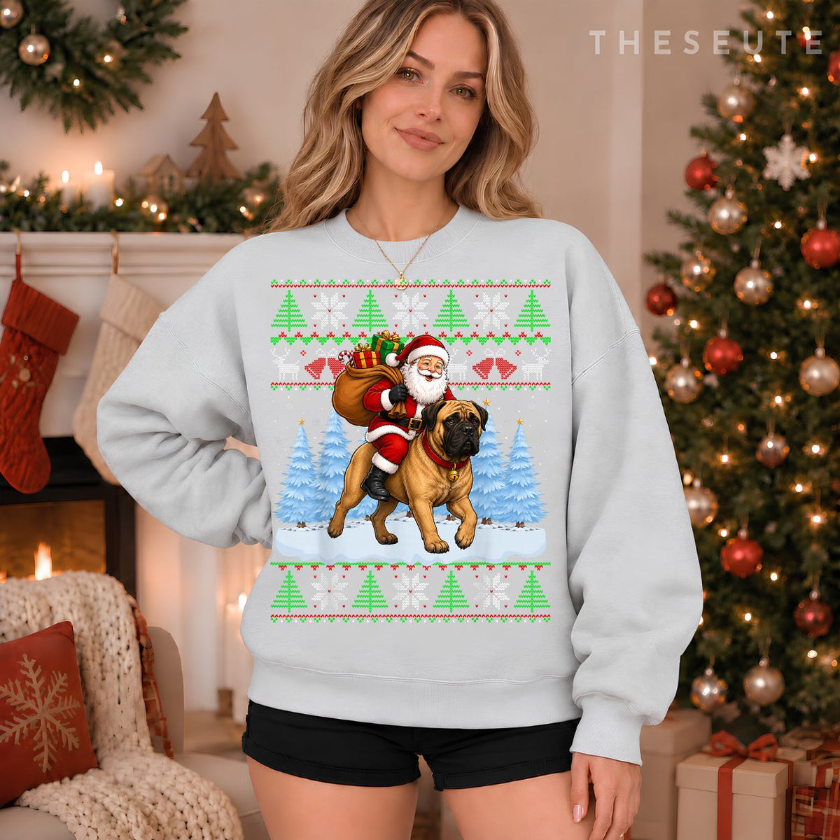 Ugly Xmas Funny Santa Riding Bullmastiff Dog Christmas Sweatshirt