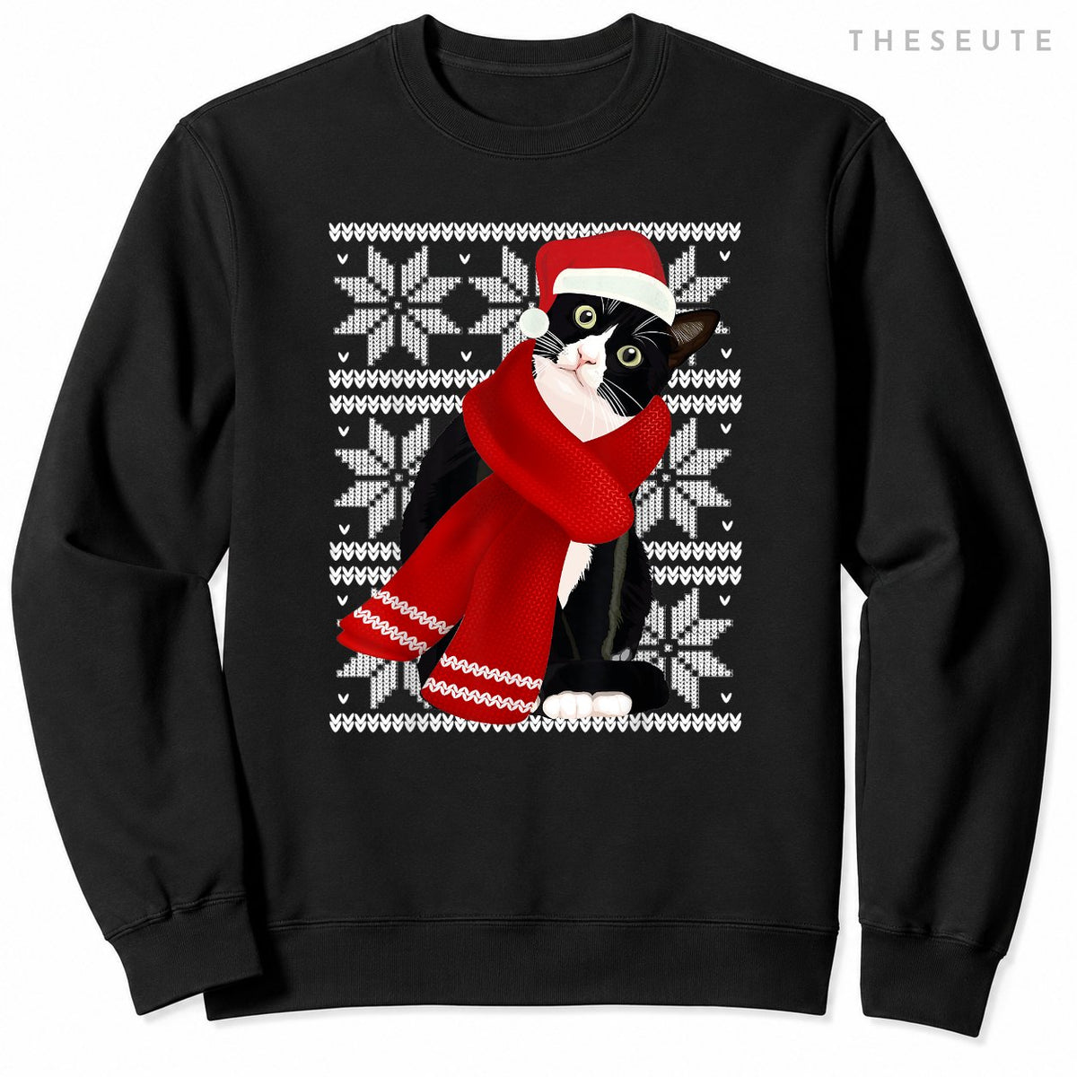 Ugly Christmas Black Cat Santa Hat Scarf Holiday Cute Gift Sweatshirt
