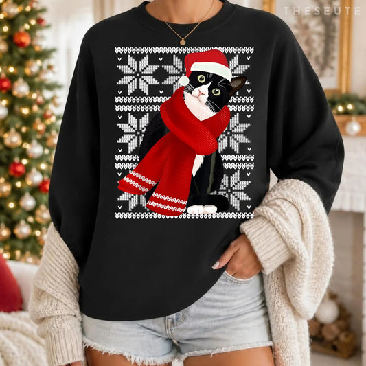 Ugly Christmas Black Cat Santa Hat Scarf Holiday Cute Gift Sweatshirt
