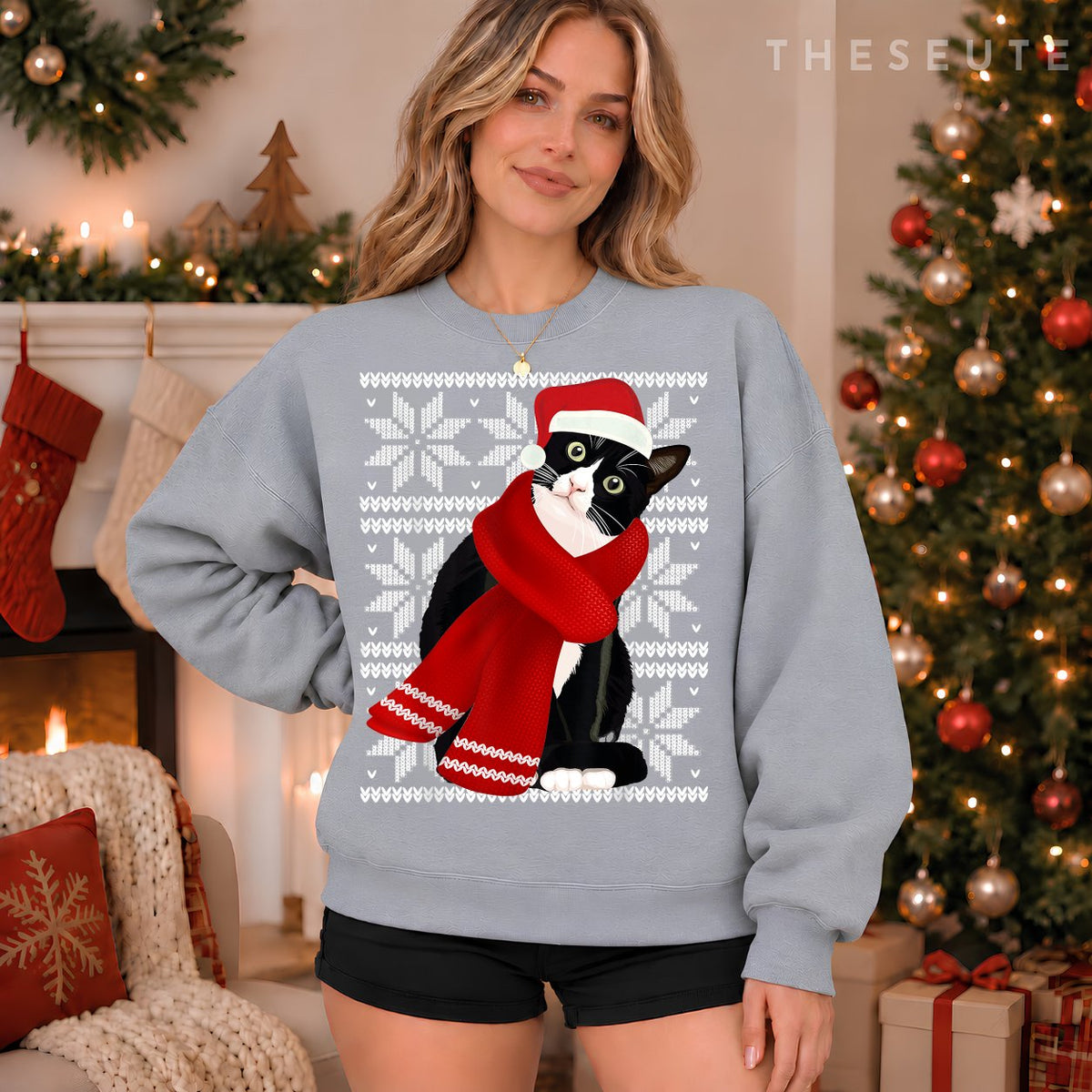 Ugly Christmas Black Cat Santa Hat Scarf Holiday Cute Gift Sweatshirt