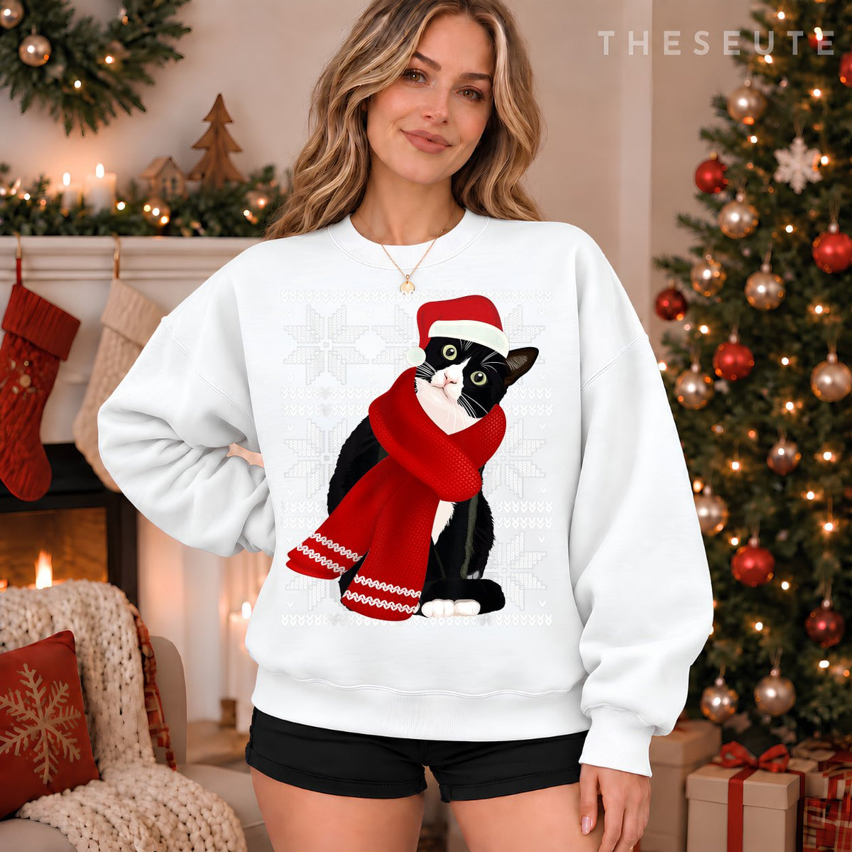 Ugly Christmas Black Cat Santa Hat Scarf Holiday Cute Gift Sweatshirt
