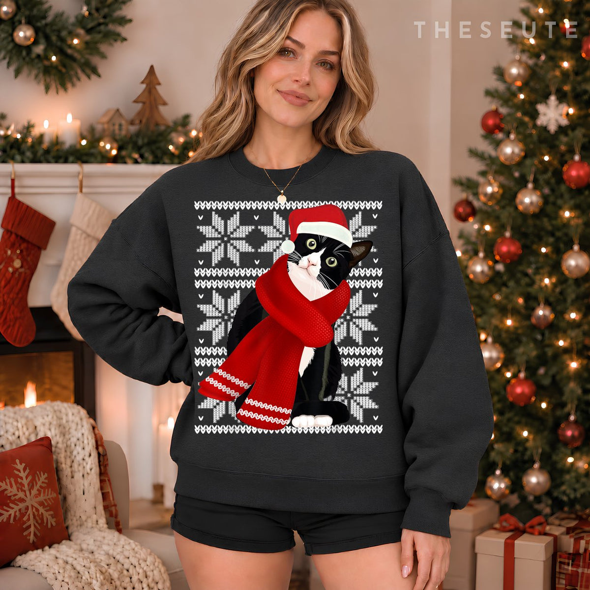 Ugly Christmas Black Cat Santa Hat Scarf Holiday Cute Gift Sweatshirt