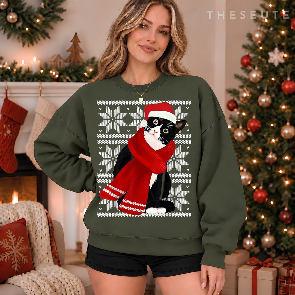 Ugly Christmas Black Cat Santa Hat Scarf Holiday Cute Gift Sweatshirt