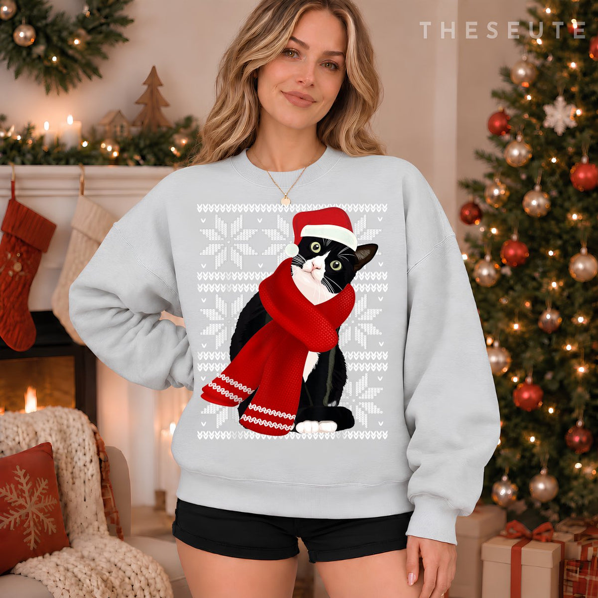 Ugly Christmas Black Cat Santa Hat Scarf Holiday Cute Gift Sweatshirt