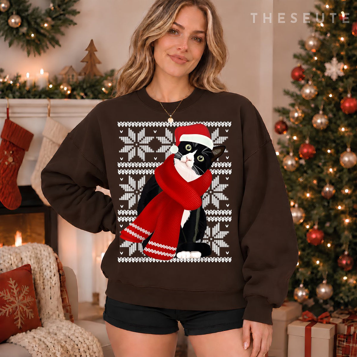 Ugly Christmas Black Cat Santa Hat Scarf Holiday Cute Gift Sweatshirt