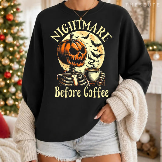 Nightmare Before Coffee Christmas Skeleton Funny Halloween Sweatshirt