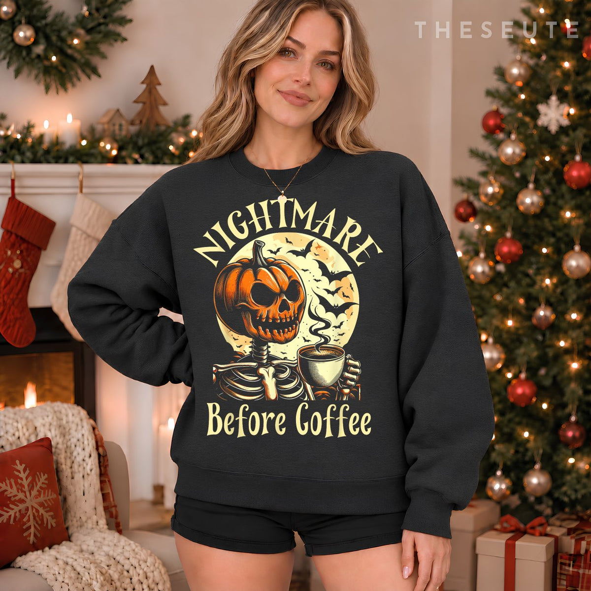 Nightmare Before Coffee Christmas Skeleton Funny Halloween Sweatshirt