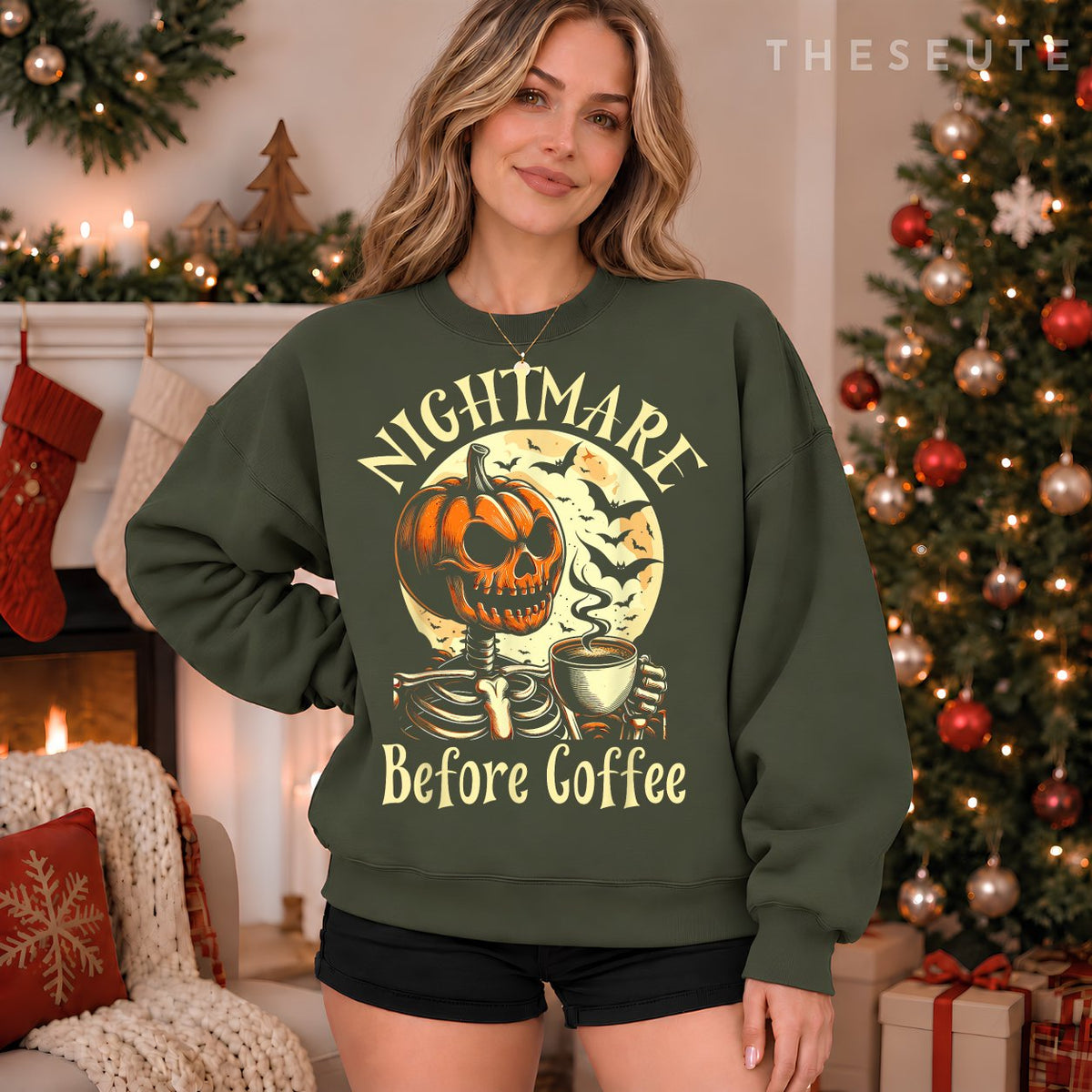 Nightmare Before Coffee Christmas Skeleton Funny Halloween Sweatshirt