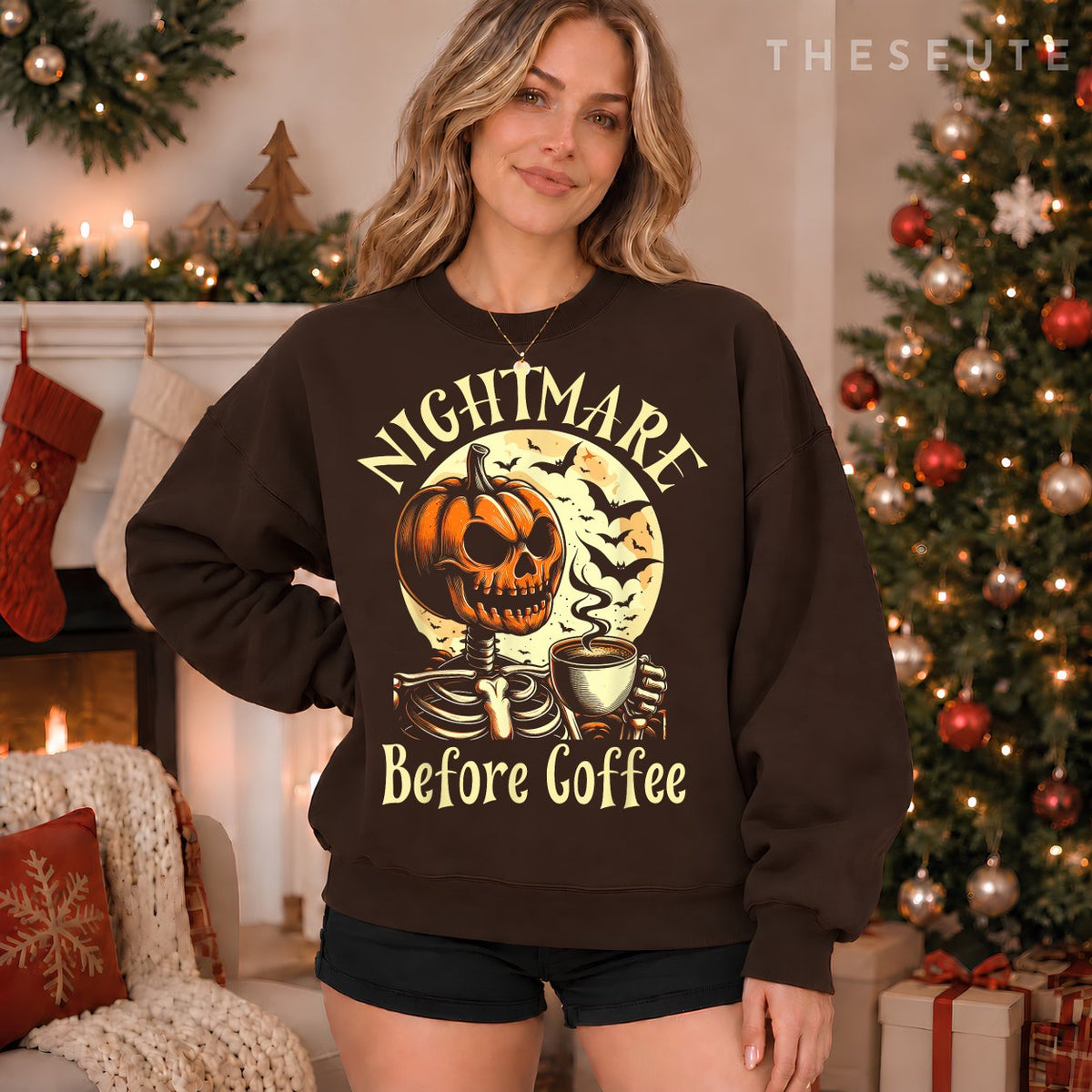 Nightmare Before Coffee Christmas Skeleton Funny Halloween Sweatshirt
