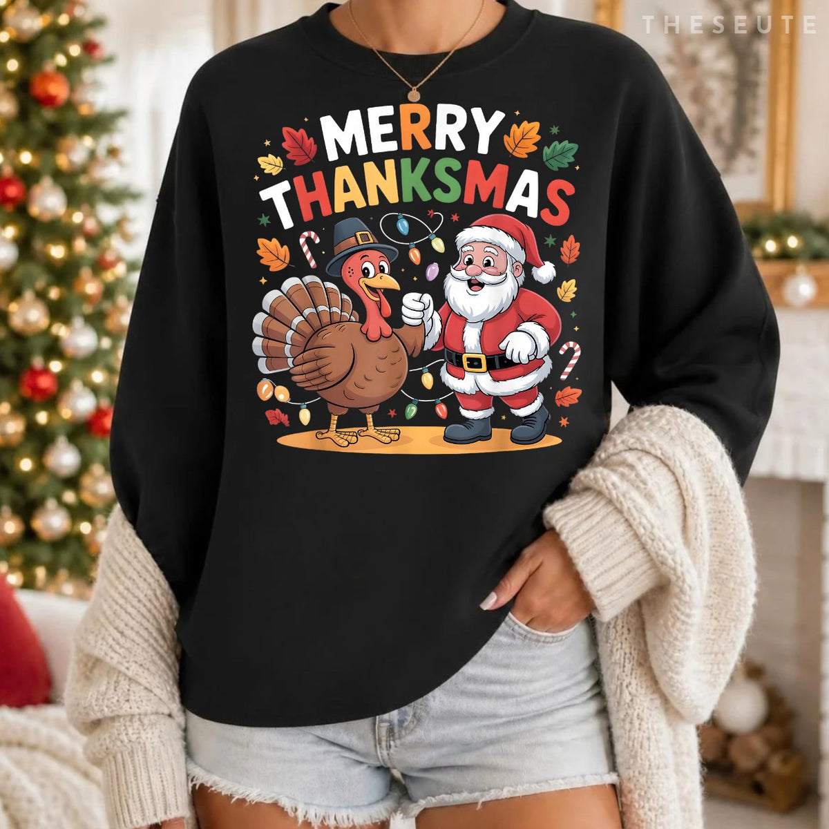 Merry Thanksmas Turkey Santa Thanksgiving Christmas Fall Sweatshirt