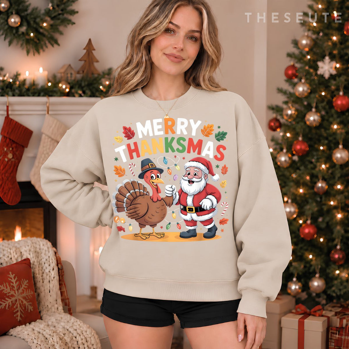 Merry Thanksmas Turkey Santa Thanksgiving Christmas Fall Sweatshirt