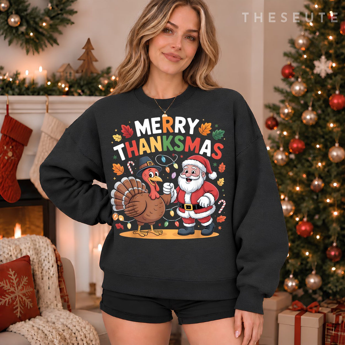 Merry Thanksmas Turkey Santa Thanksgiving Christmas Fall Sweatshirt
