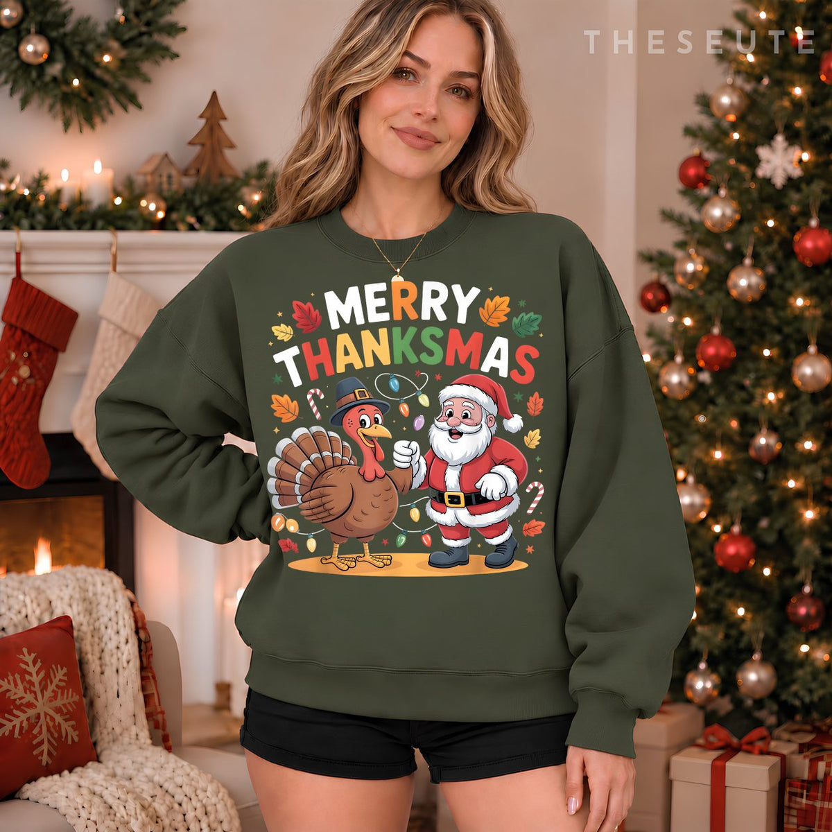 Merry Thanksmas Turkey Santa Thanksgiving Christmas Fall Sweatshirt