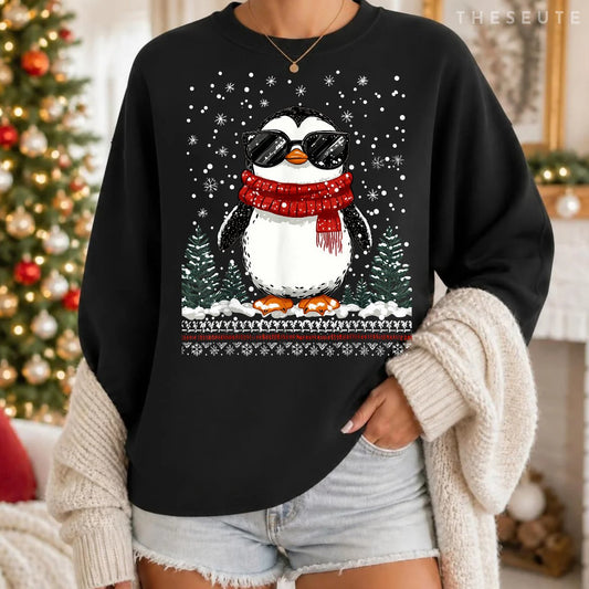 Funny Christmas Penguin With Sunglasses Ugly Christmas Sweatshirt