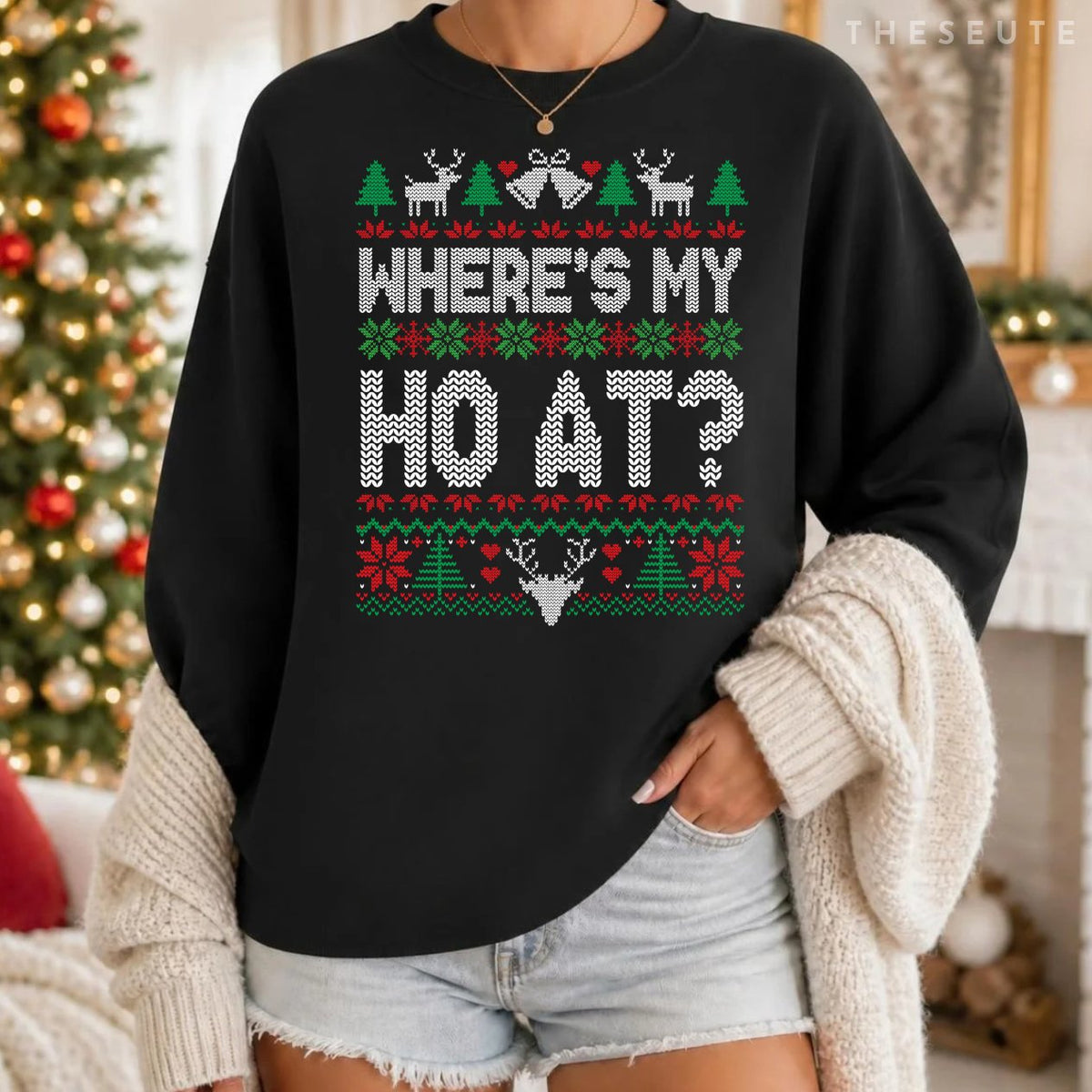 Where My Ho's At Ho Matching Couple Christmas Ugly Sweatshirt