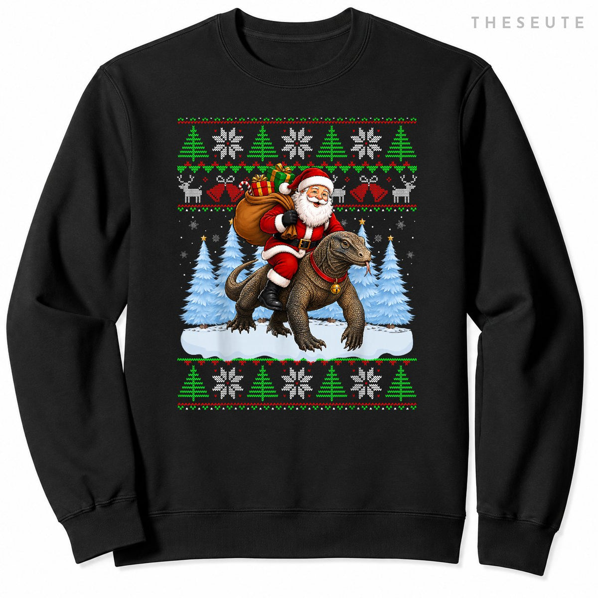 Ugly Xmas Sweatshirt Funny Santa Riding Komodo Dragon Christmas Sweatshirt