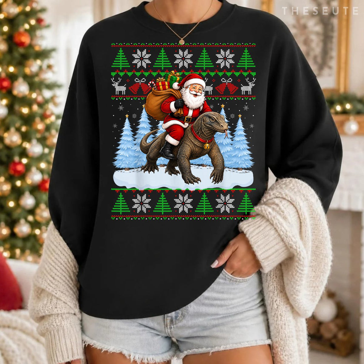 Ugly Xmas Sweatshirt Funny Santa Riding Komodo Dragon Christmas Sweatshirt