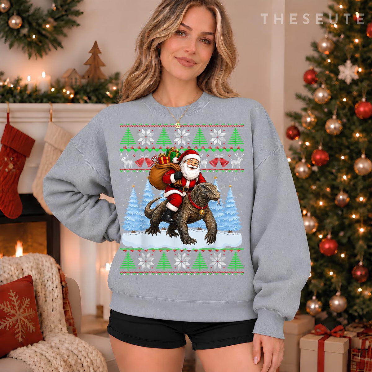 Ugly Xmas Sweatshirt Funny Santa Riding Komodo Dragon Christmas Sweatshirt