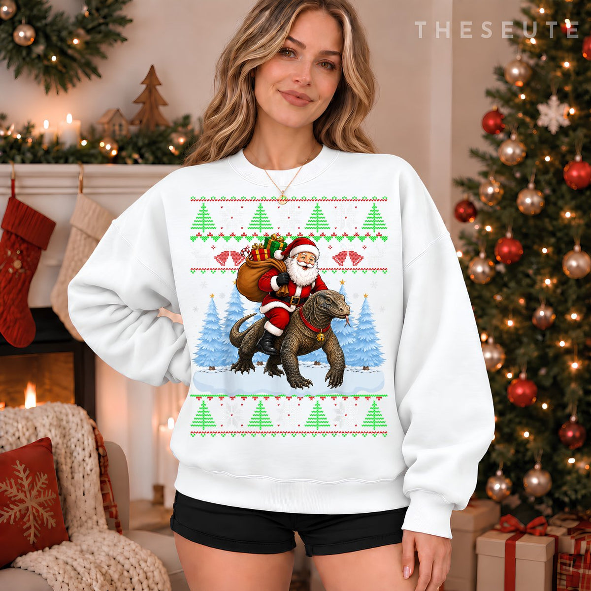 Ugly Xmas Sweatshirt Funny Santa Riding Komodo Dragon Christmas Sweatshirt