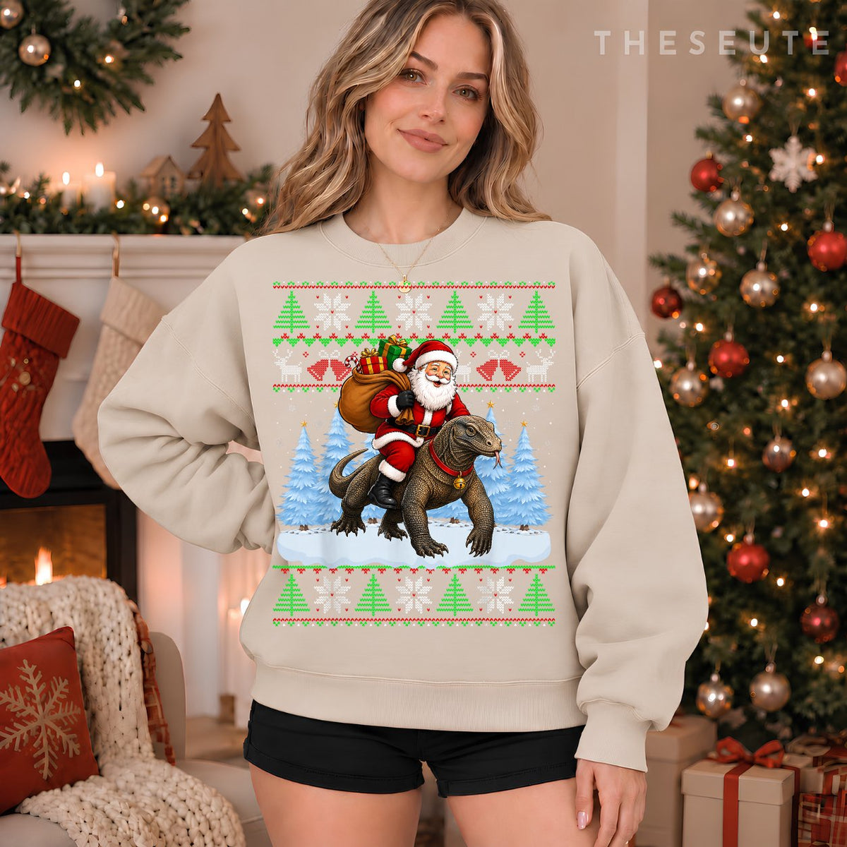 Ugly Xmas Sweatshirt Funny Santa Riding Komodo Dragon Christmas Sweatshirt