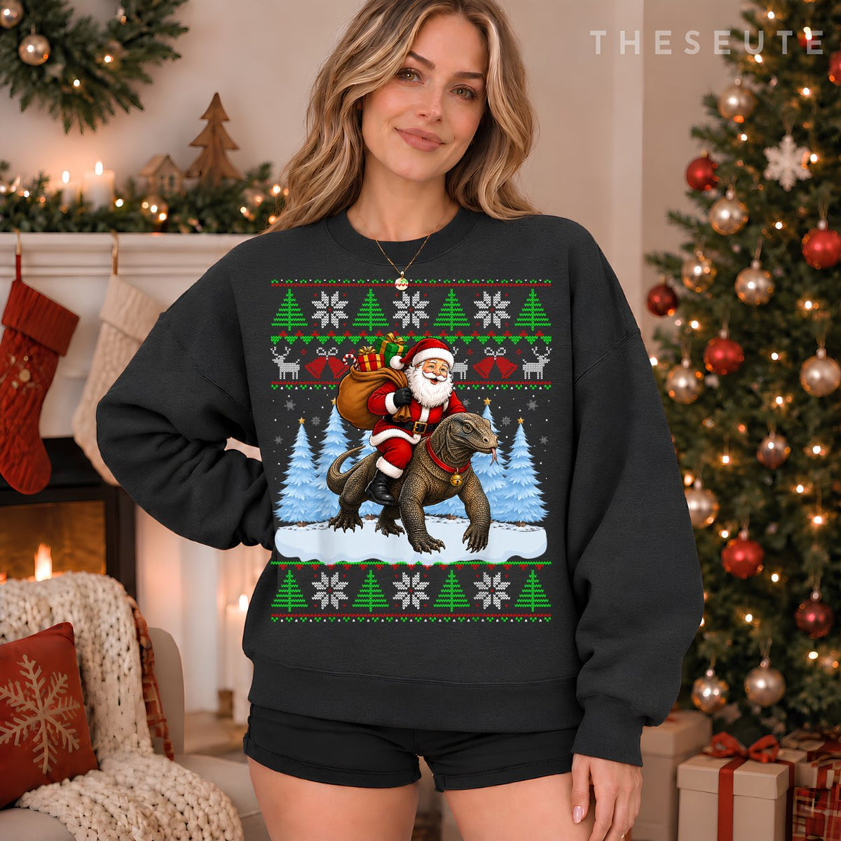 Ugly Xmas Sweatshirt Funny Santa Riding Komodo Dragon Christmas Sweatshirt